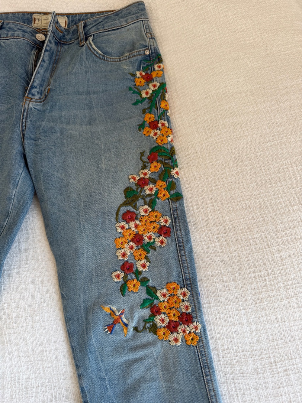 Free People Light Blue Skinny Jeans with Floral Embroidery - Picture 3 of 7